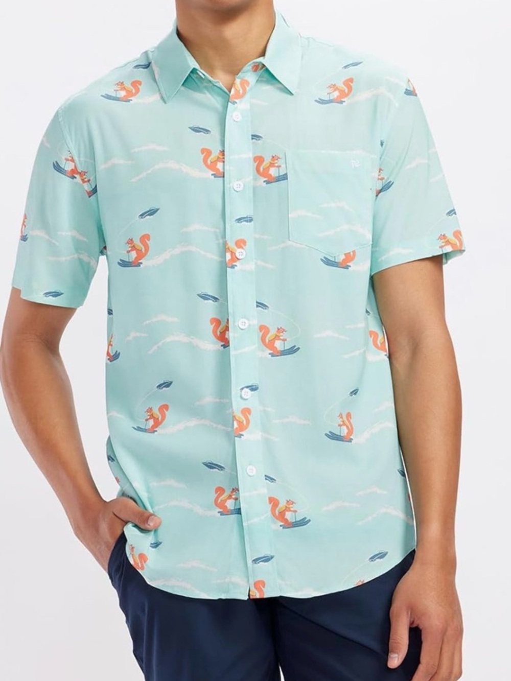 Tipsy Elves Aqua Short-Sleeve Button-Up Shirt with Orange Squirrel Print